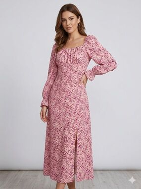 Miss Me Pink Floral Square Neck Long Sleeve Maxi Dress